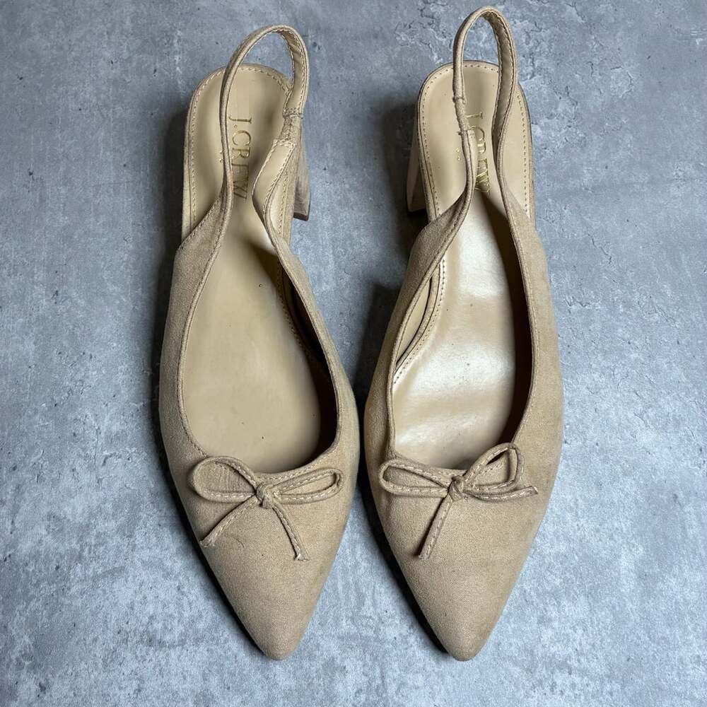 J.Crew Slingback Bow Heels Size 8 Tan Suede Block Heel Pointed Toe